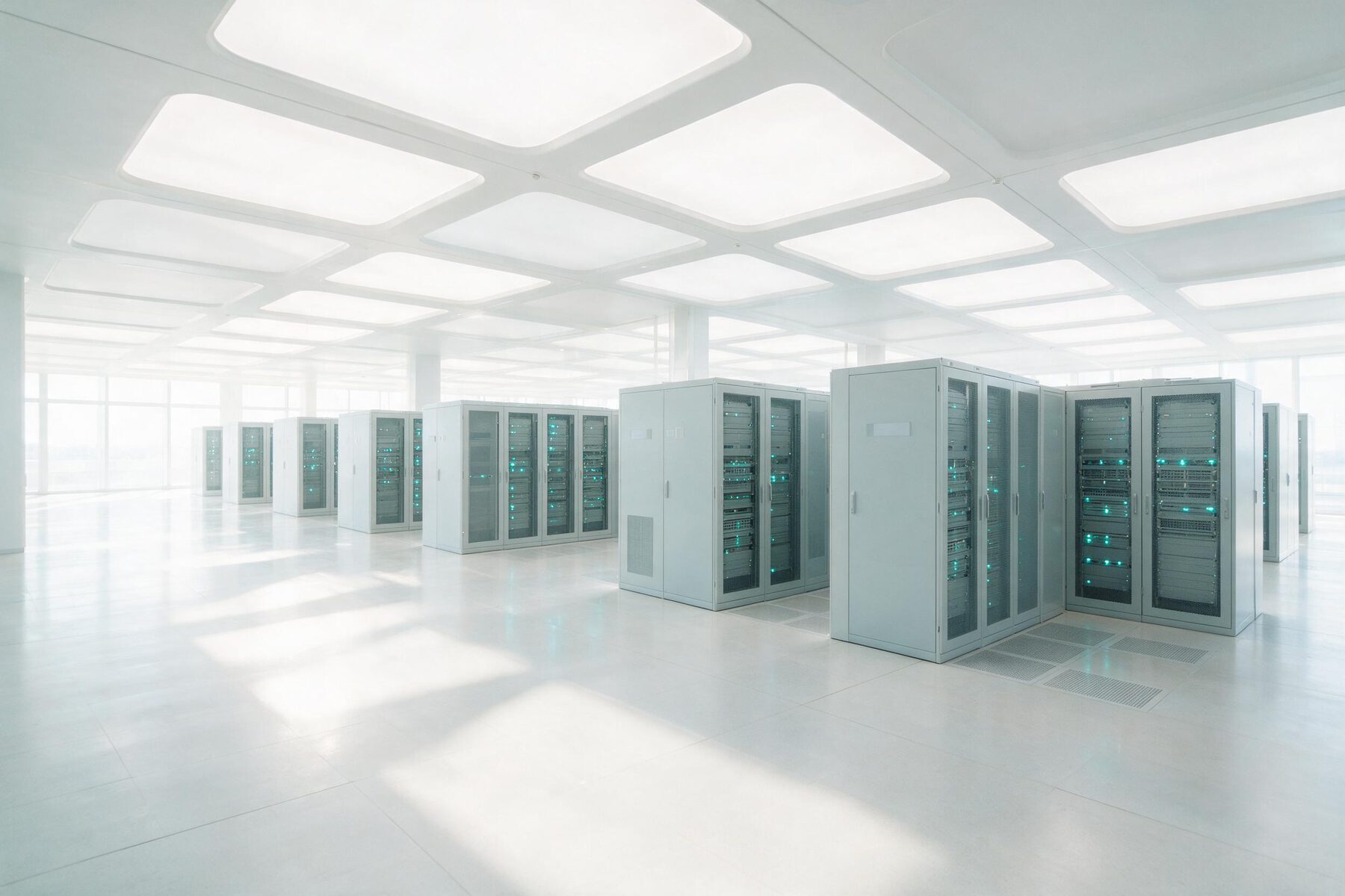 A bright white data centre hall, rows of server cabinets under a coffered lit ceiling with daylight across the pale floor