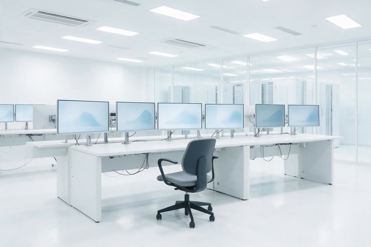 A bright operations room with desk monitors showing abstract pale-blue charts and a glass wall to the data hall behind.