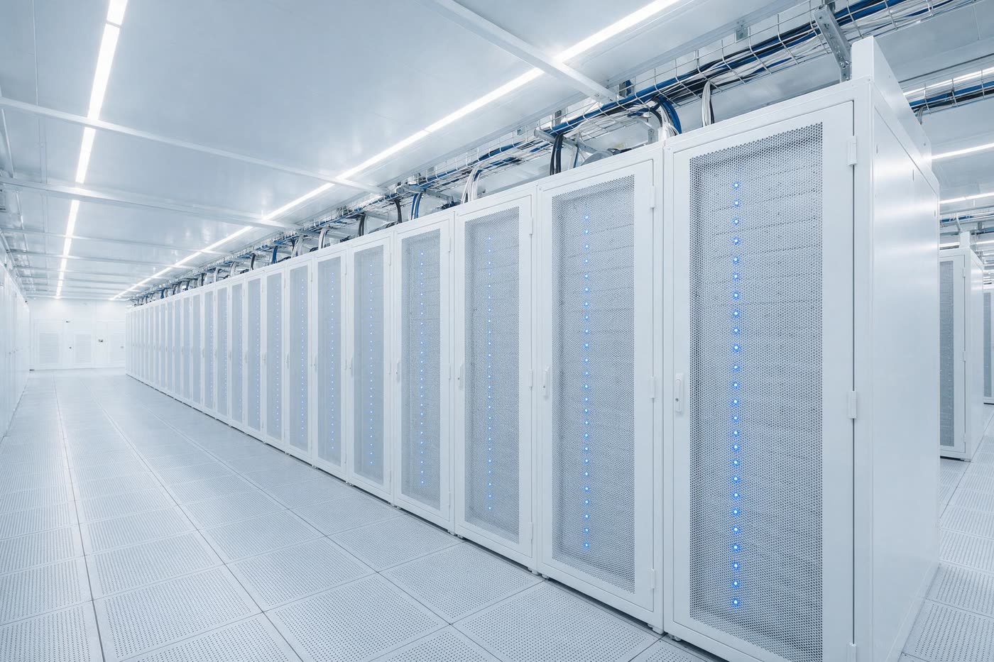 A long row of GPU server cabinets in service in a bright white data hall, doors closed and status lights running the length of the row.