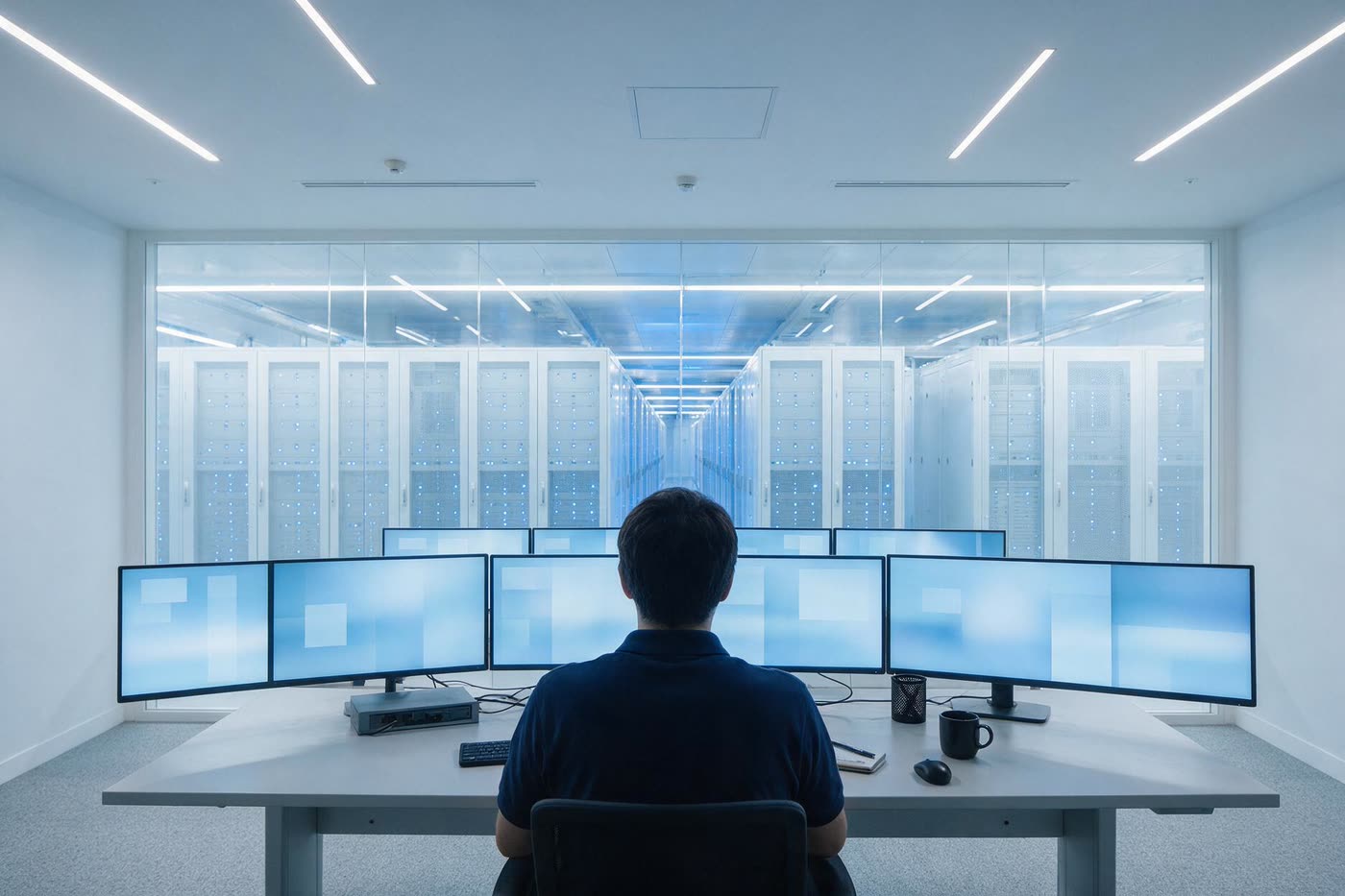 A bright data centre operations room at night, an operator seen from behind at a desk of monitoring screens.