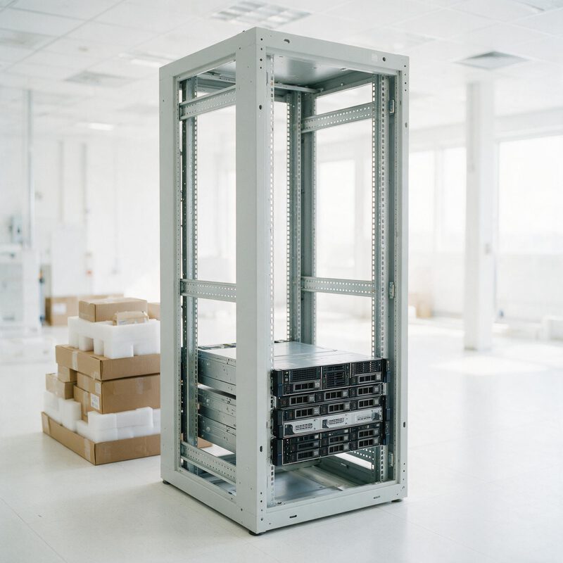 An open-frame rack part-populated with rack-mount servers, shipping boxes and packing foam stacked beside it mid-build.