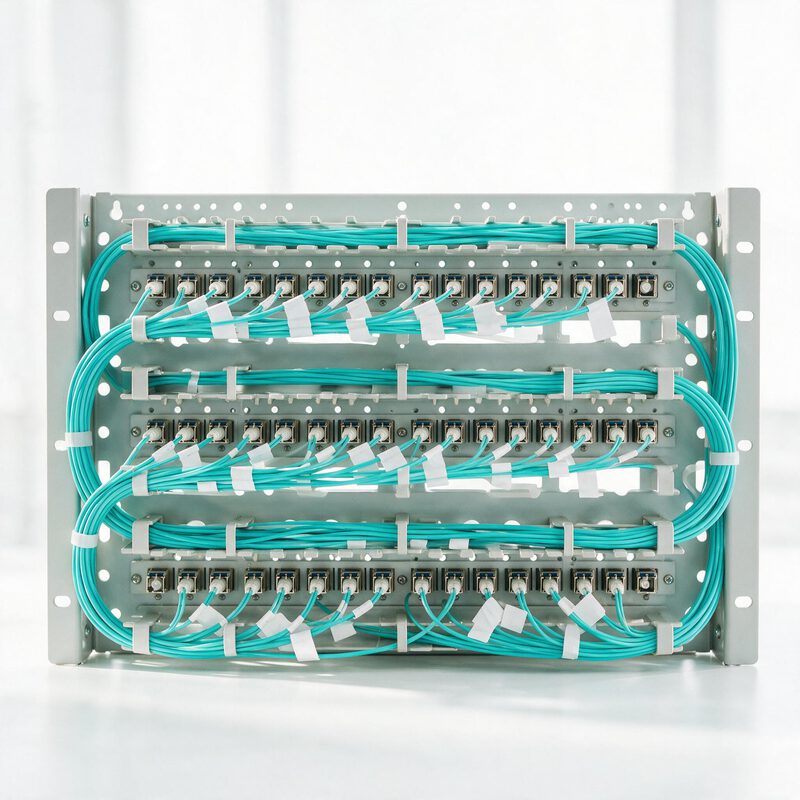 High-density fibre patching on a GPU cluster switch — colour-sorted aqua jumpers, each labelled
