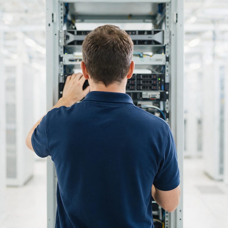 An engineer in a navy polo working at the front of a live server rack in a data hall aisle.