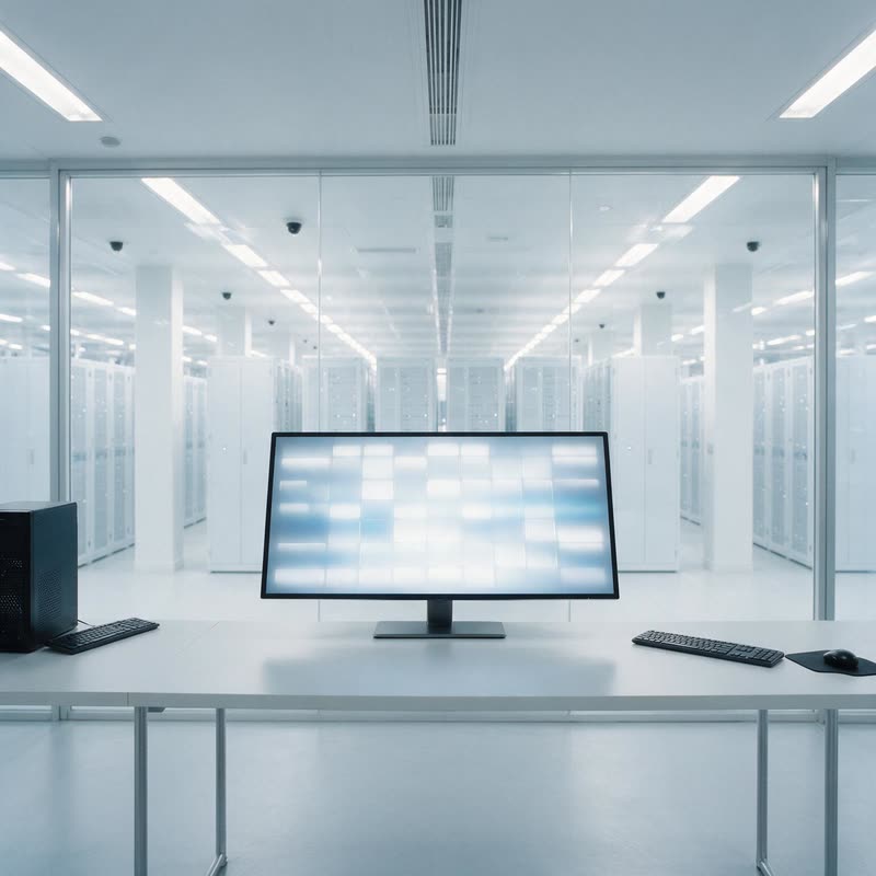 A workstation in a data hall showing a cluster scheduling view, with racks visible through the glass behind it.