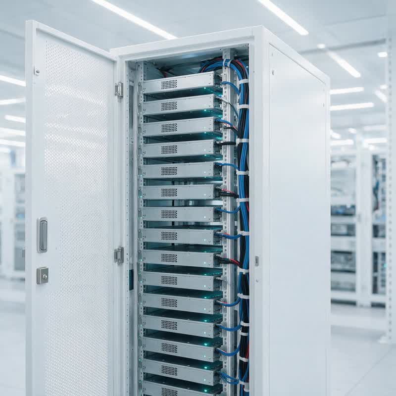 A single white GPU cabinet in a bright data hall with its front door open, showing compute trays stacked the height of the rack and blue cabling dressed down one side.