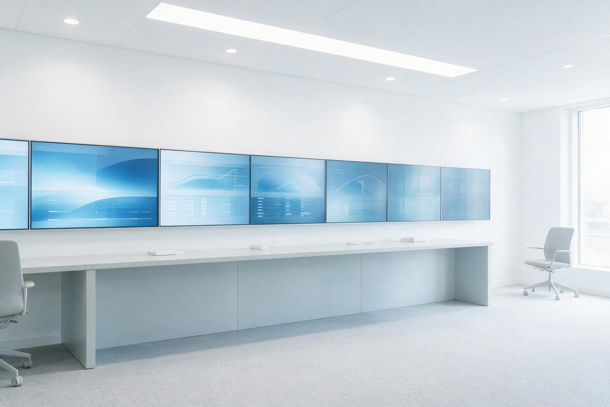 A wall of monitoring dashboards above a long desk in a bright control room, charts and status grids across every screen