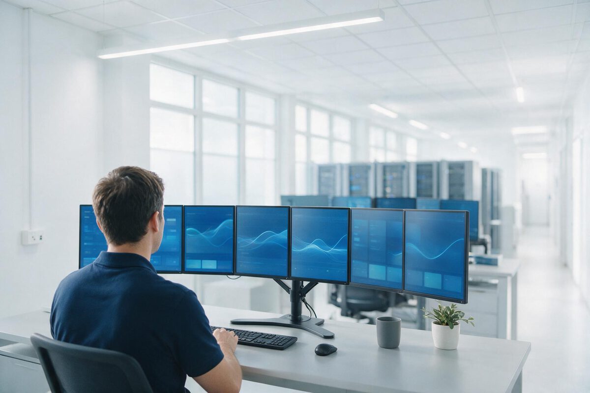An engineer at a multi-monitor operations console in a bright data centre control room