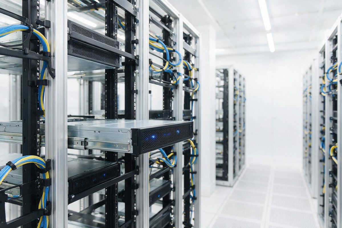 A single server drawn halfway out of its rack on rails in a bright data centre aisle, the empty bay visible beside identical installed units